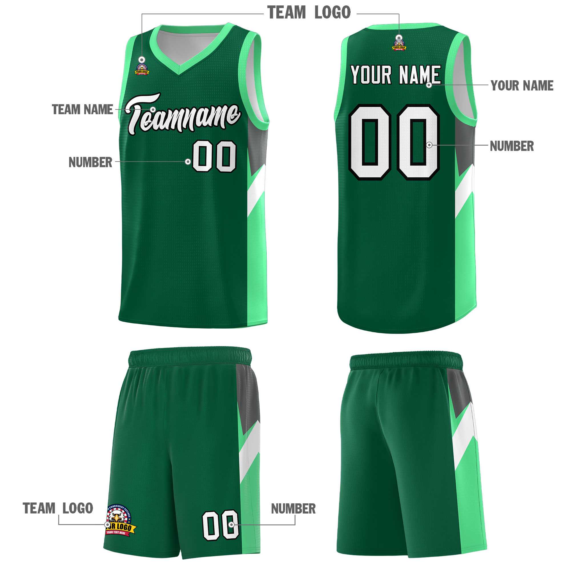 Custom Kelly Green Bright Green Side Design Sets Sports Uniform Basketball Jersey