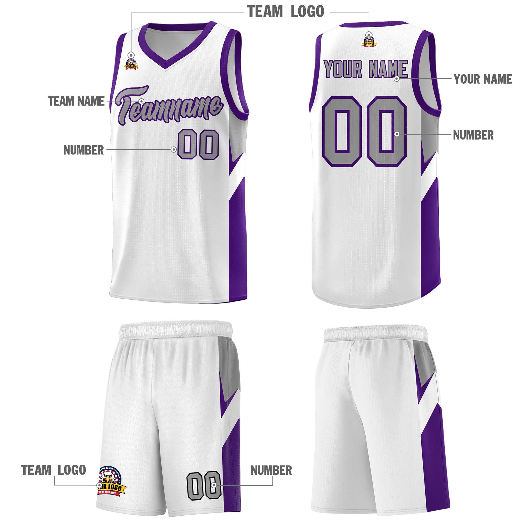 Custom White Purple Side Design Sets Sports Uniform Basketball Jersey