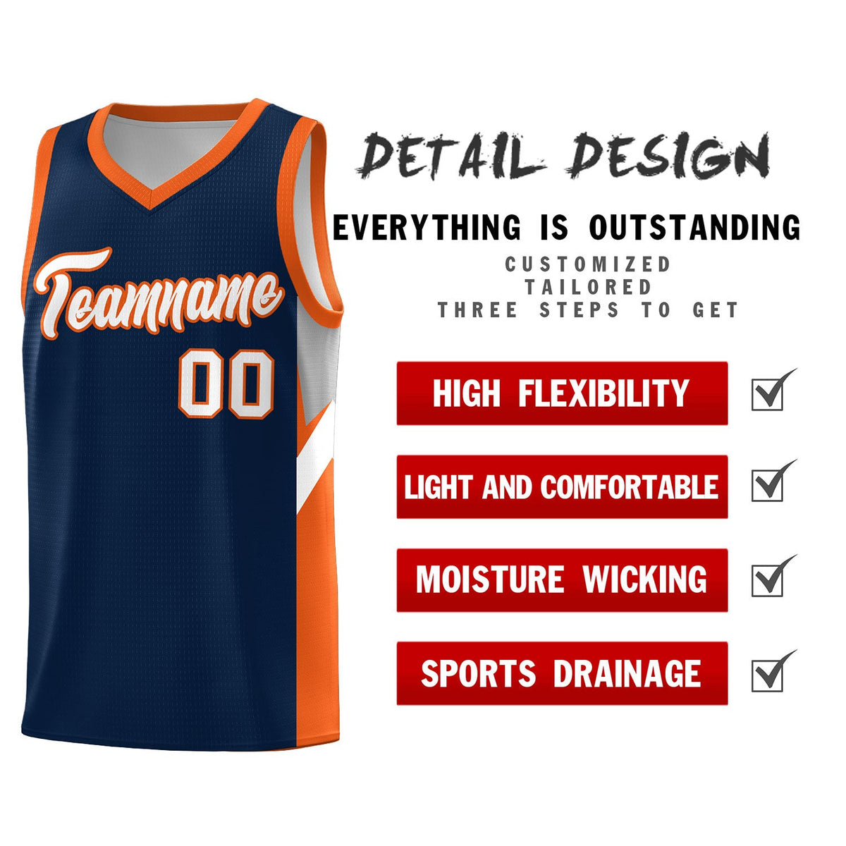 Custom Navy Orange Side Design Sets Sports Uniform Basketball Jersey