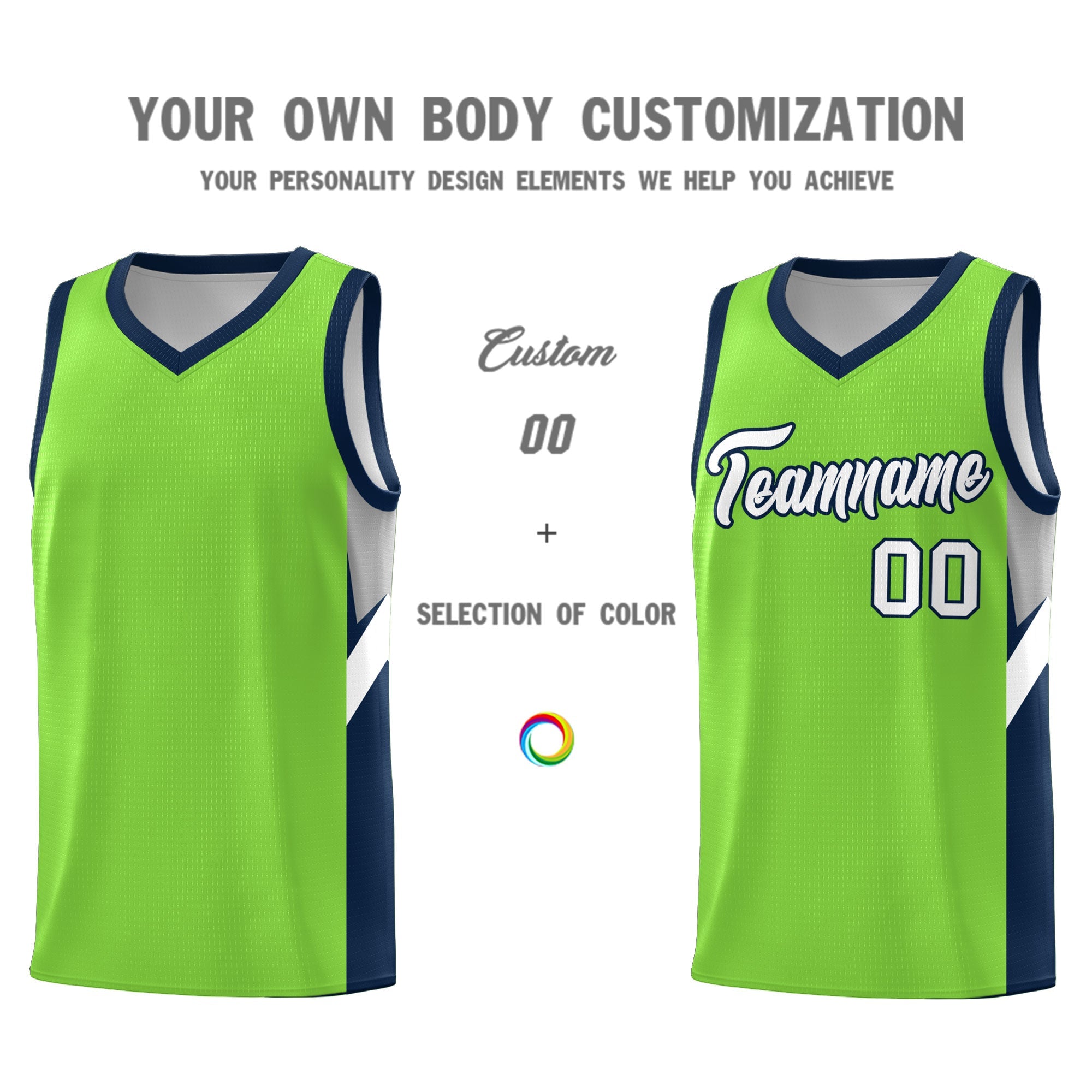 Custom Neon Green Navy Side Design Sets Sports Uniform Basketball Jersey