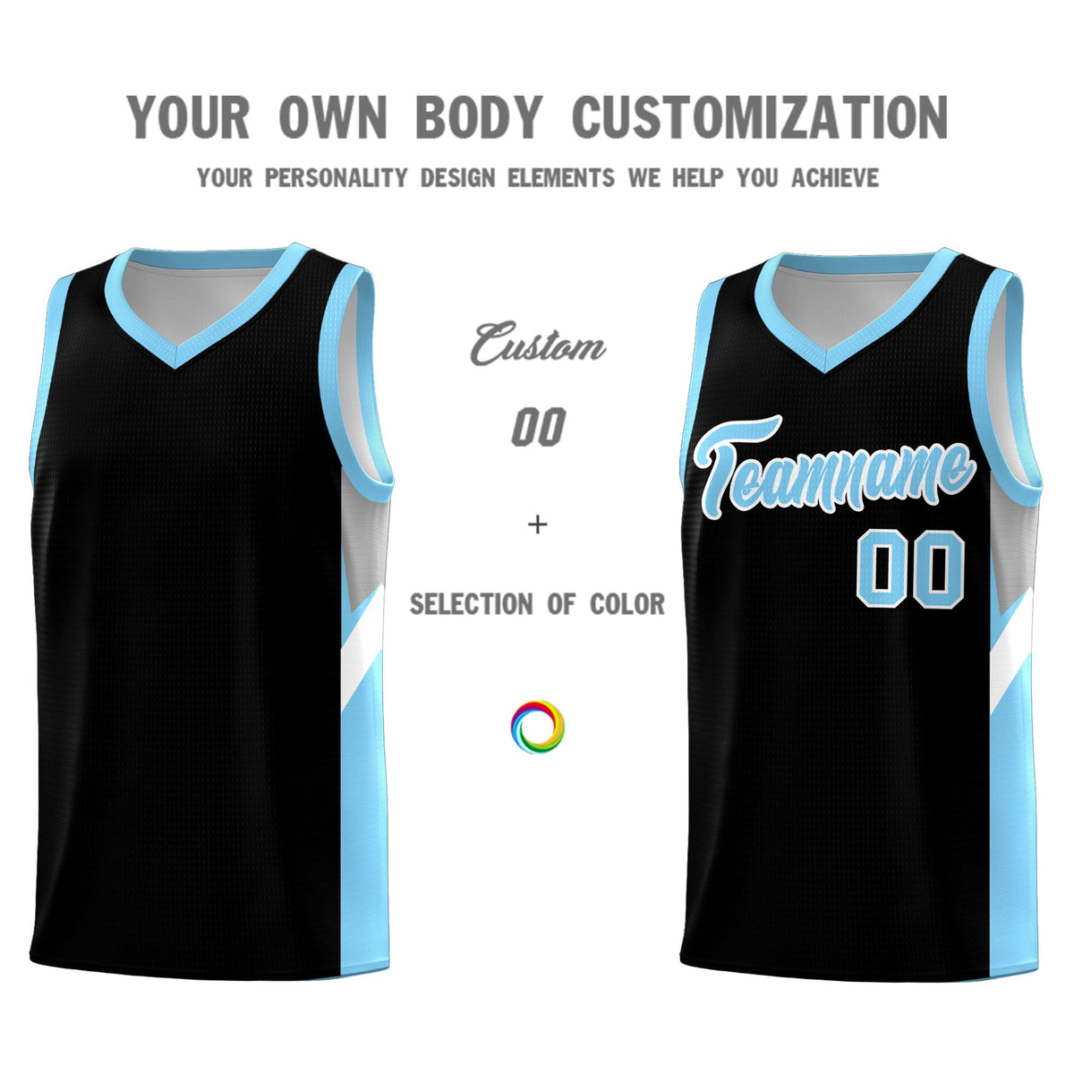 Custom Black Light Blue Side Design Sets Sports Uniform Basketball Jersey