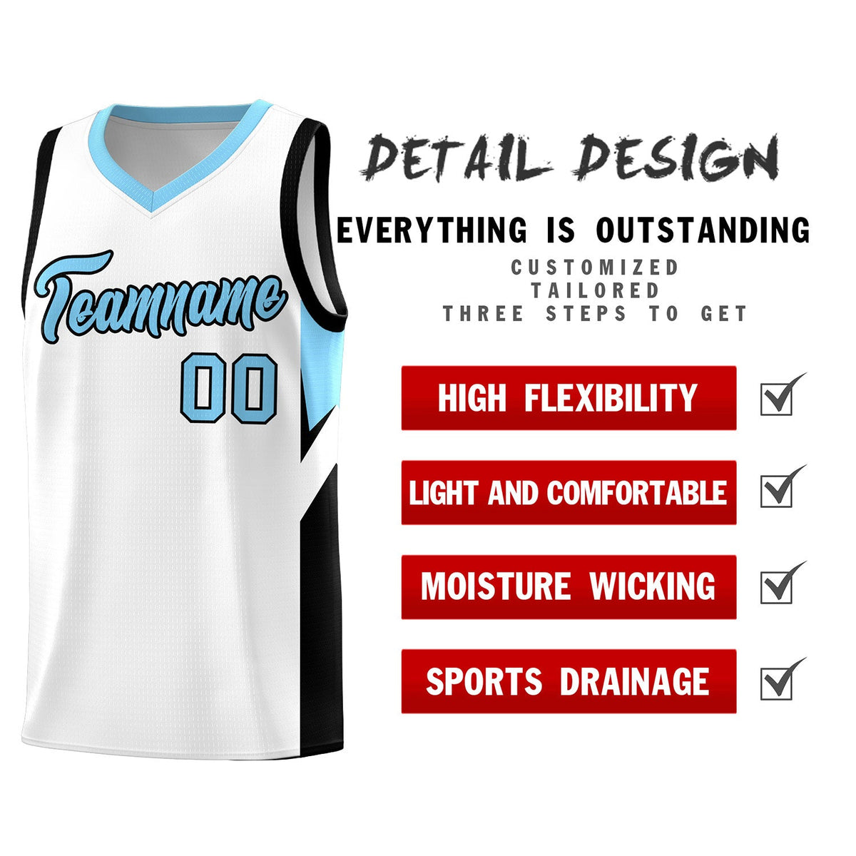 Custom White Light Blue Side Design Sets Sports Uniform Basketball Jersey