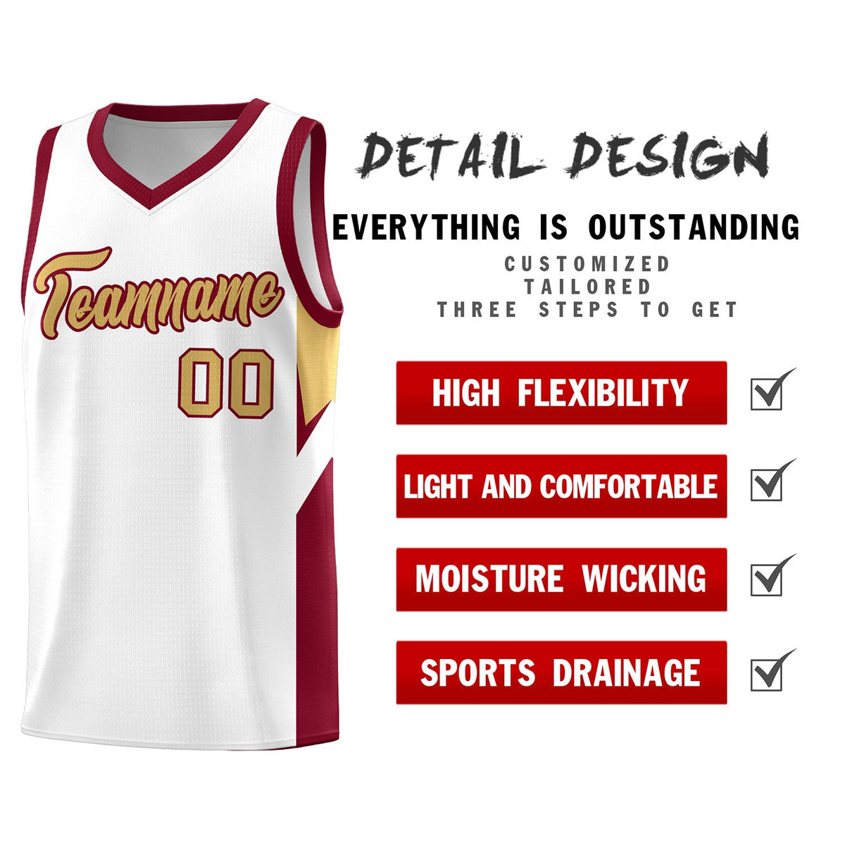 Custom White Crimson Side Design Sets Sports Uniform Basketball Jersey