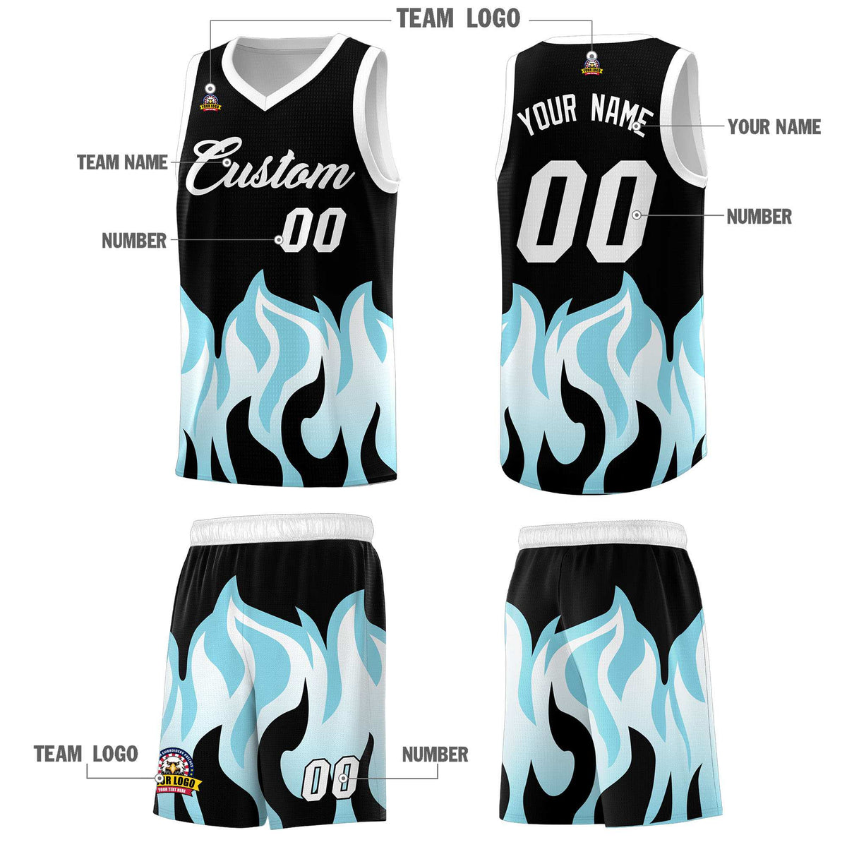 Custom Black Sky Blue Hem Flame Pattern Fashion Sports Uniform Basketball Kits