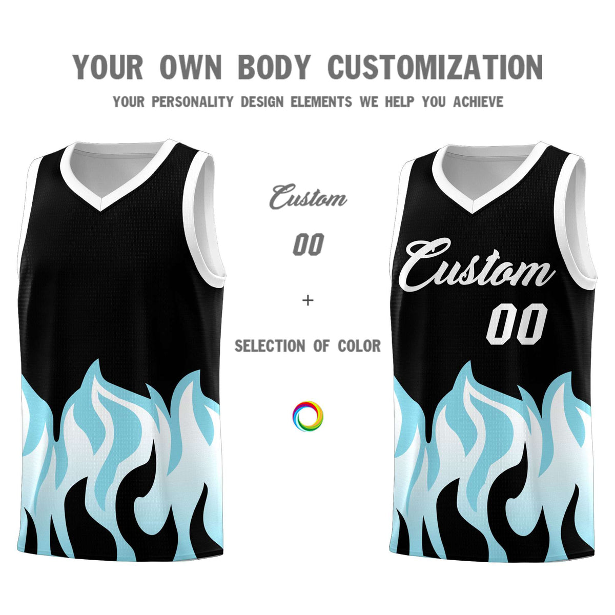 Custom Black Sky Blue Hem Flame Pattern Fashion Sports Uniform Basketball Kits