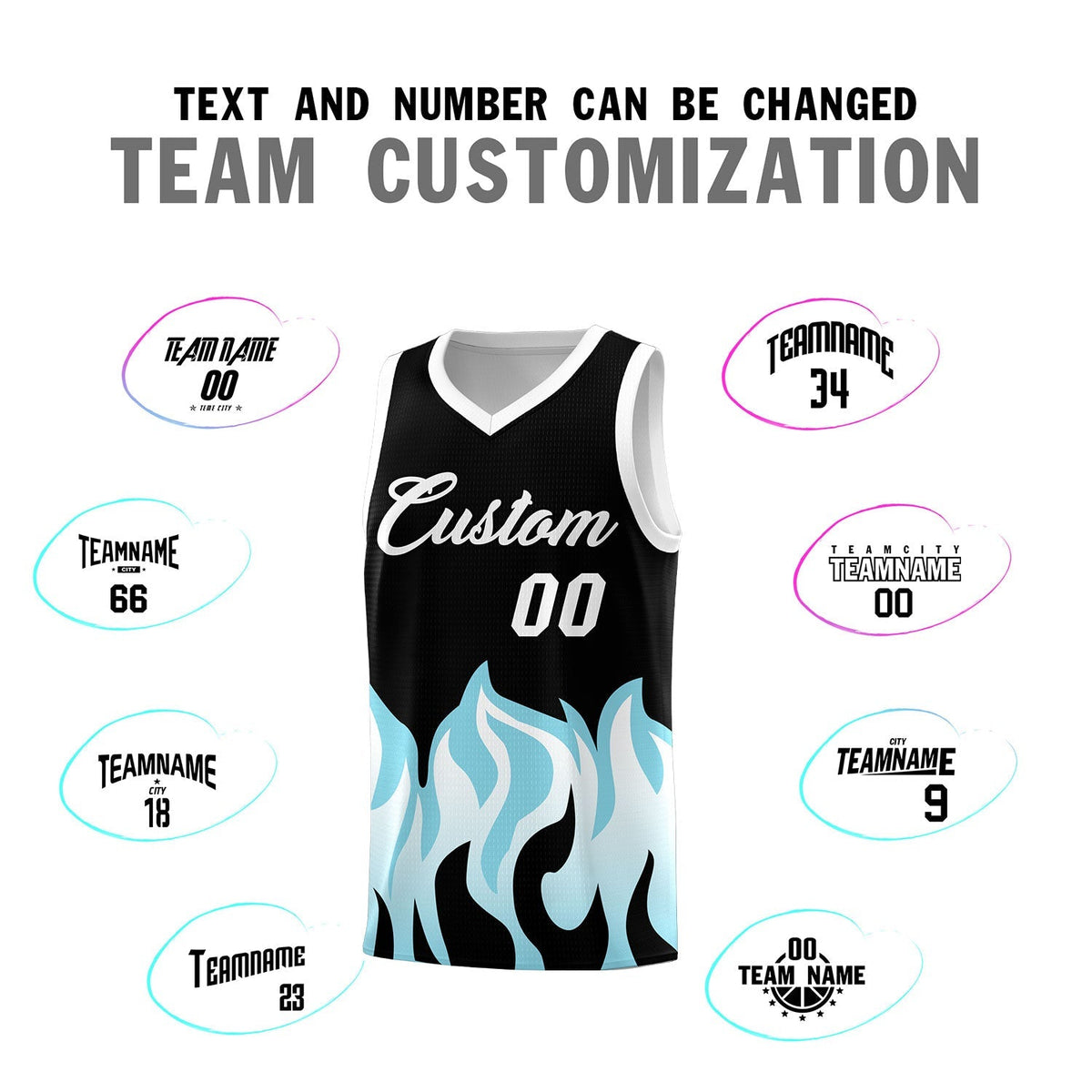 Custom Black Sky Blue Hem Flame Pattern Fashion Sports Uniform Basketball Kits