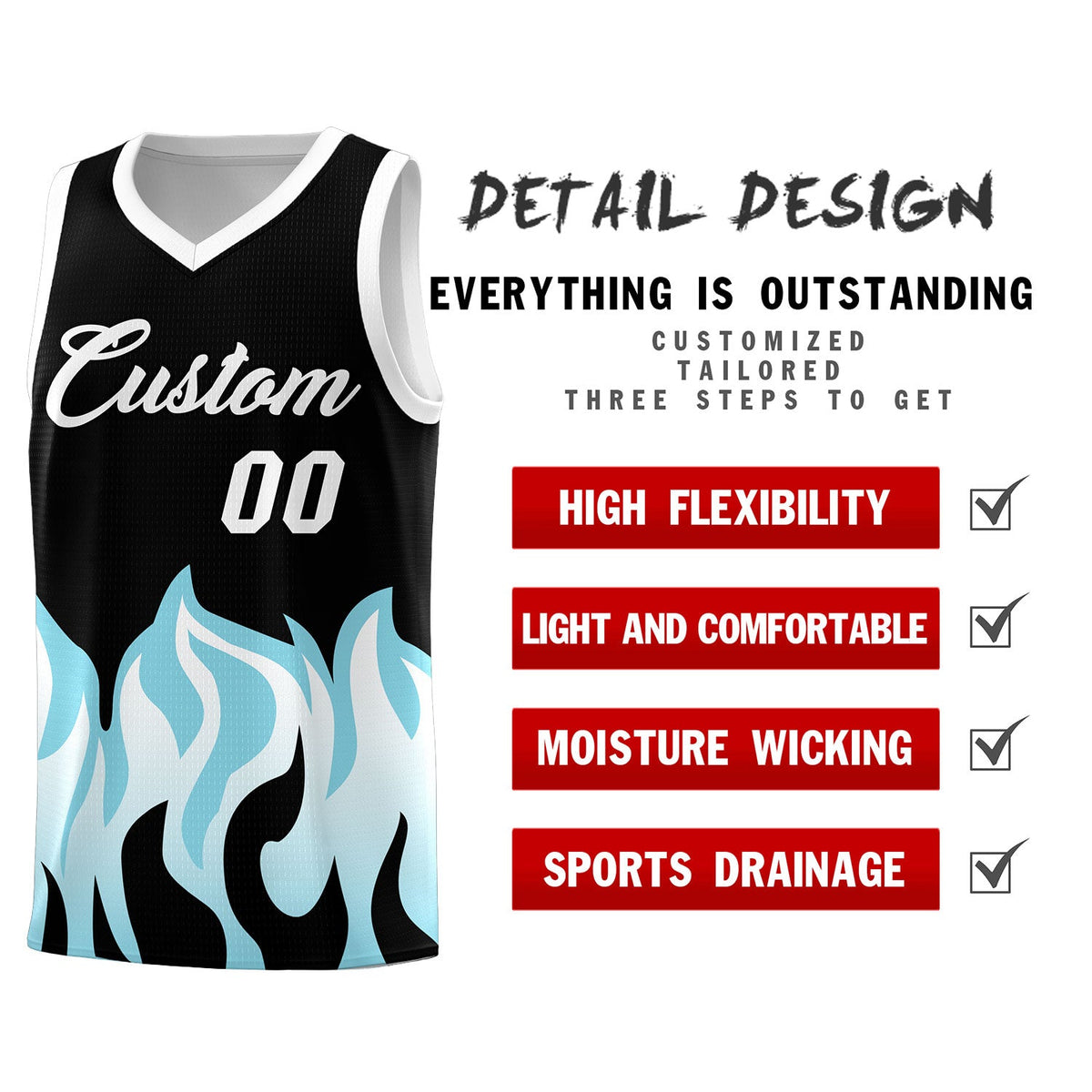 Custom Black Sky Blue Hem Flame Pattern Fashion Sports Uniform Basketball Kits