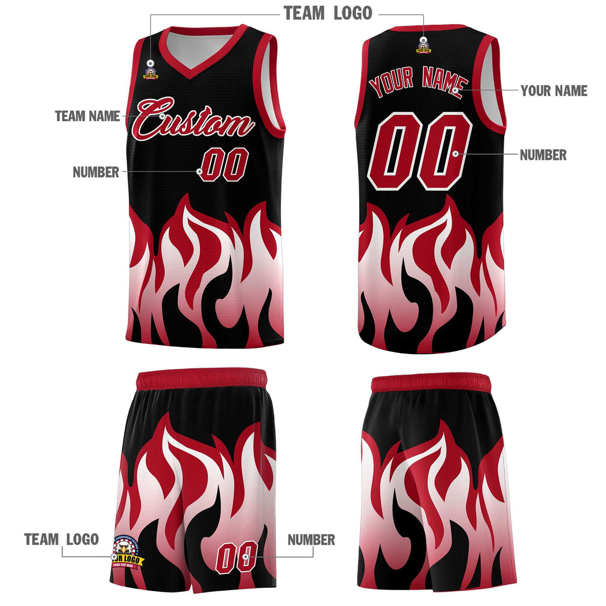 Custom Black Red Hem Flame Pattern Fashion Sports Uniform Basketball Kits