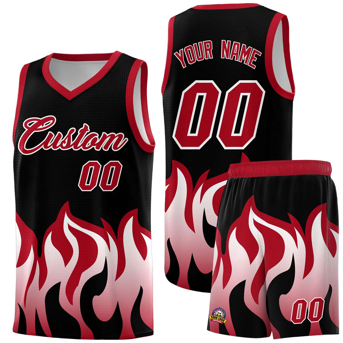 Custom Black Red Hem Flame Pattern Fashion Sports Uniform Basketball Kits