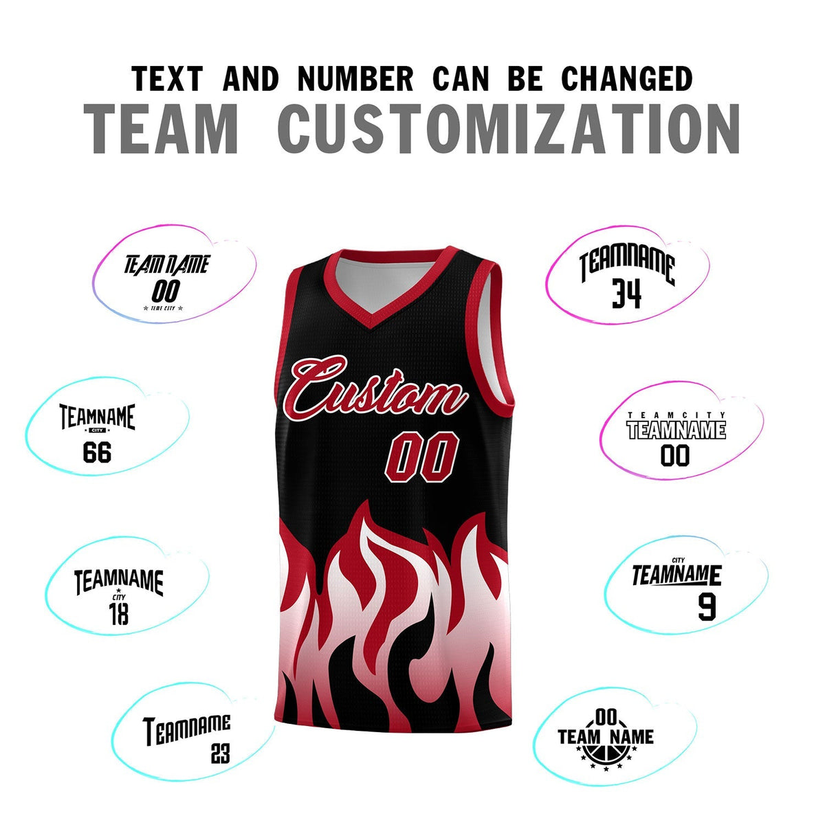 Custom Black Red Hem Flame Pattern Fashion Sports Uniform Basketball Kits