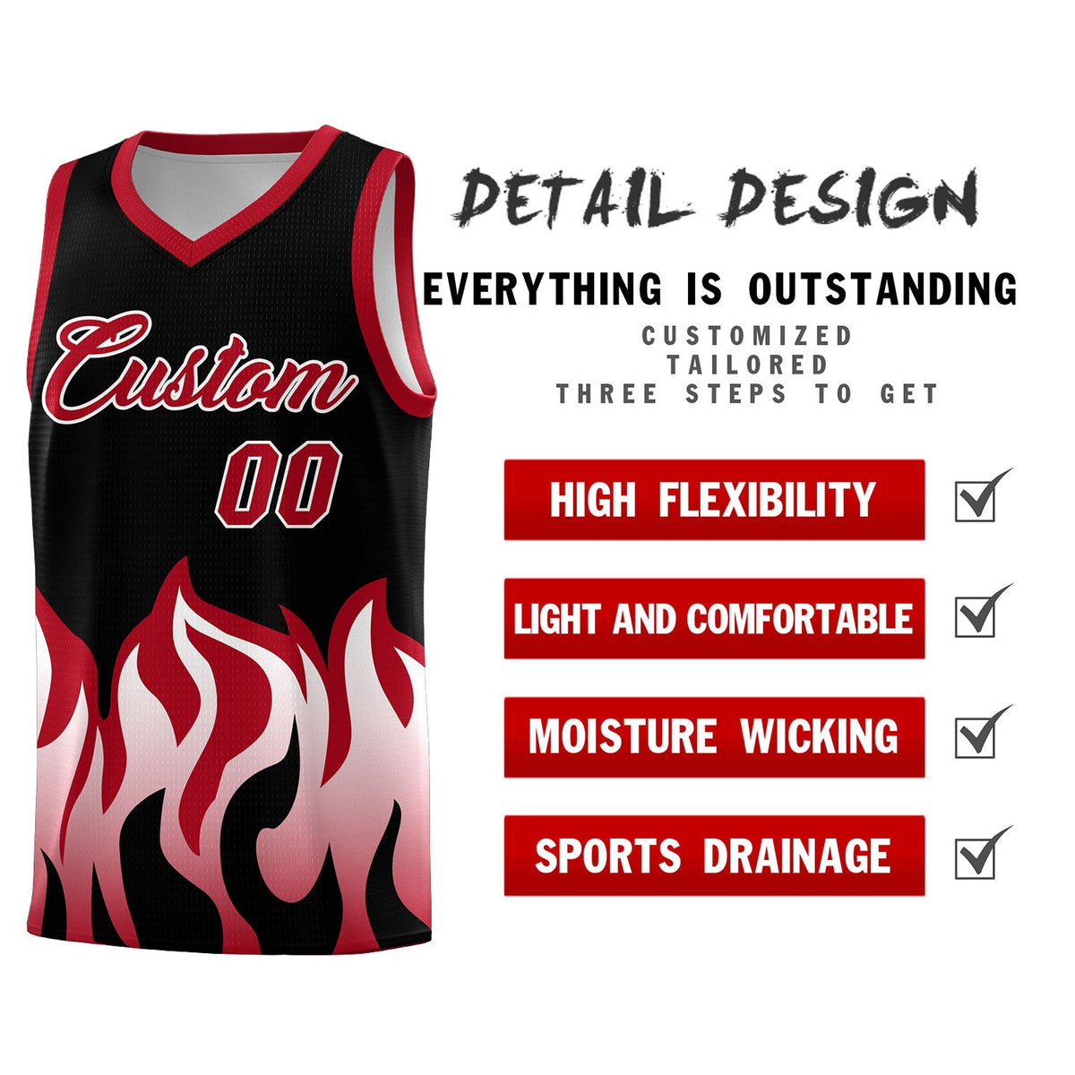Custom Black Red Hem Flame Pattern Fashion Sports Uniform Basketball Kits