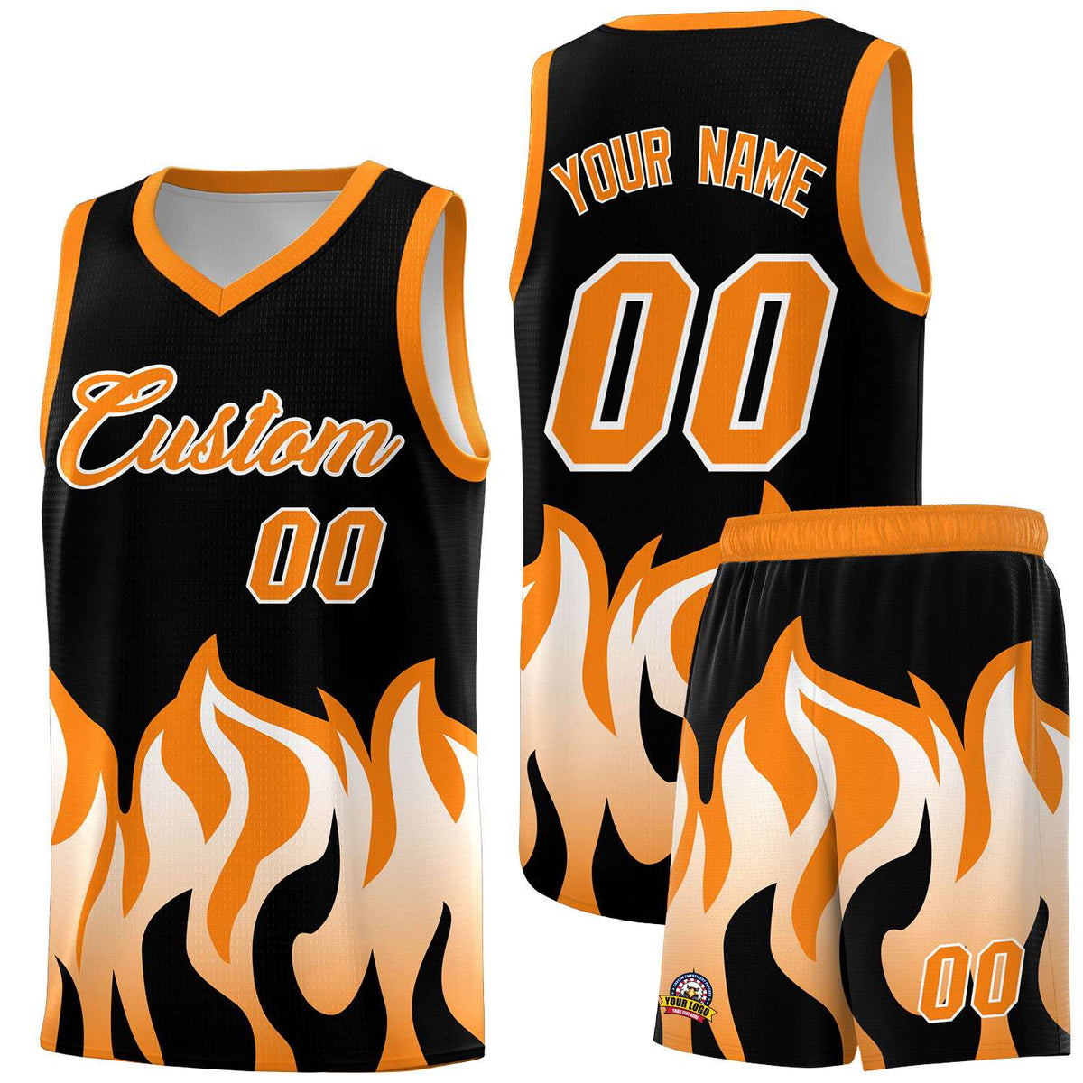 Custom Black Orange Hem Flame Pattern Fashion Sports Uniform Basketball Kits