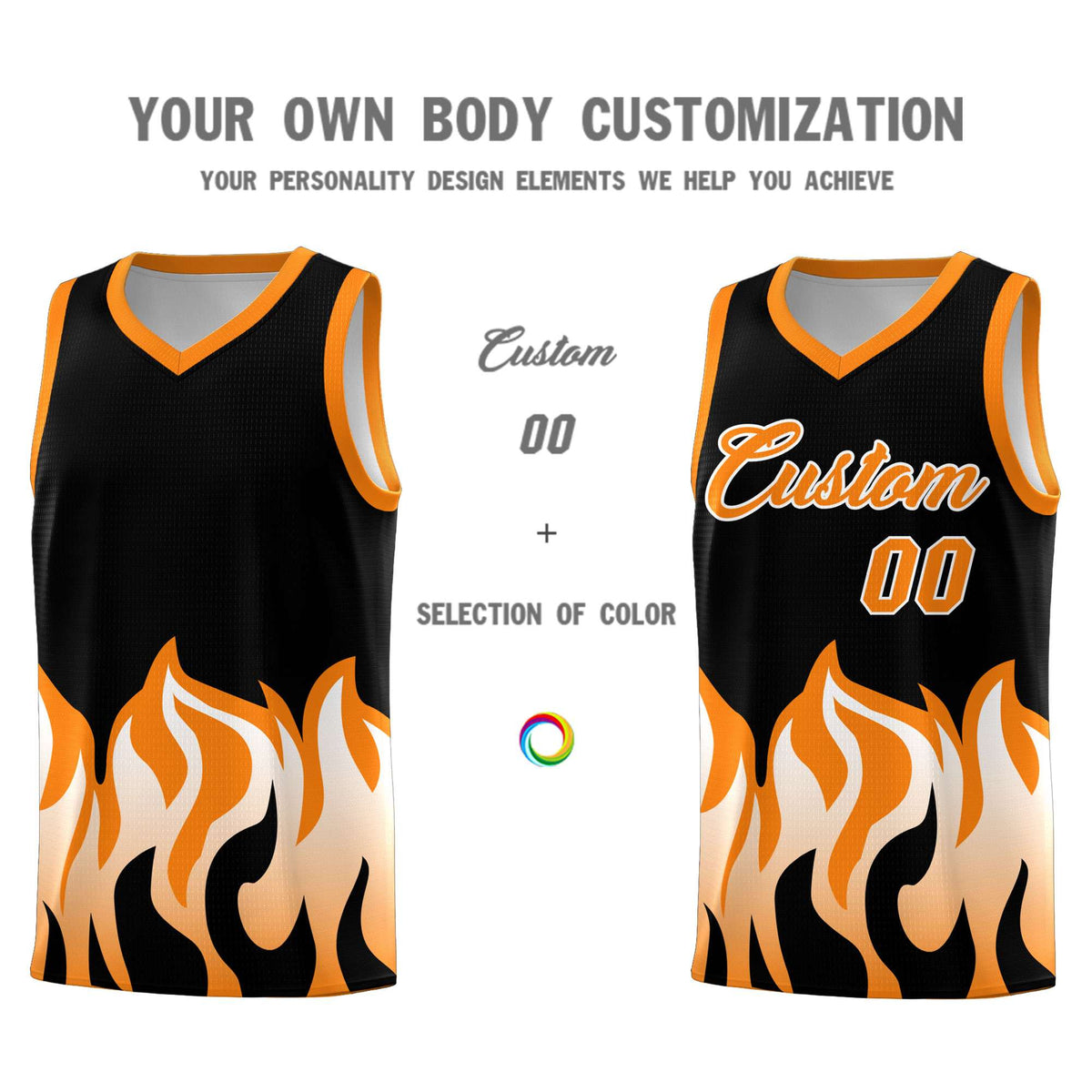 Custom Black Orange Hem Flame Pattern Fashion Sports Uniform Basketball Kits