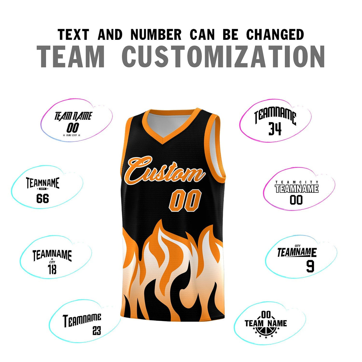 Custom Black Orange Hem Flame Pattern Fashion Sports Uniform Basketball Kits