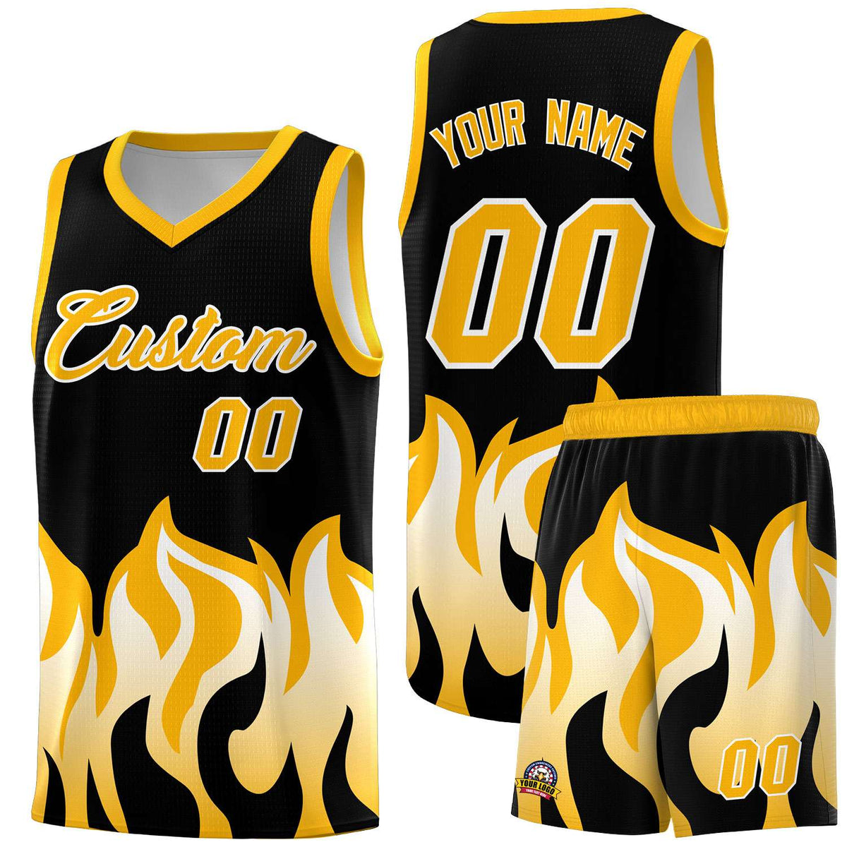 Custom Black Yellow Hem Flame Pattern Fashion Sports Uniform Basketball Kits