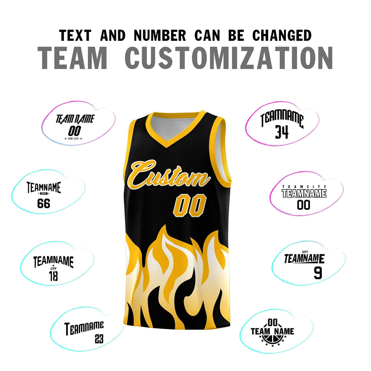 Custom Black Yellow Hem Flame Pattern Fashion Sports Uniform Basketball Kits