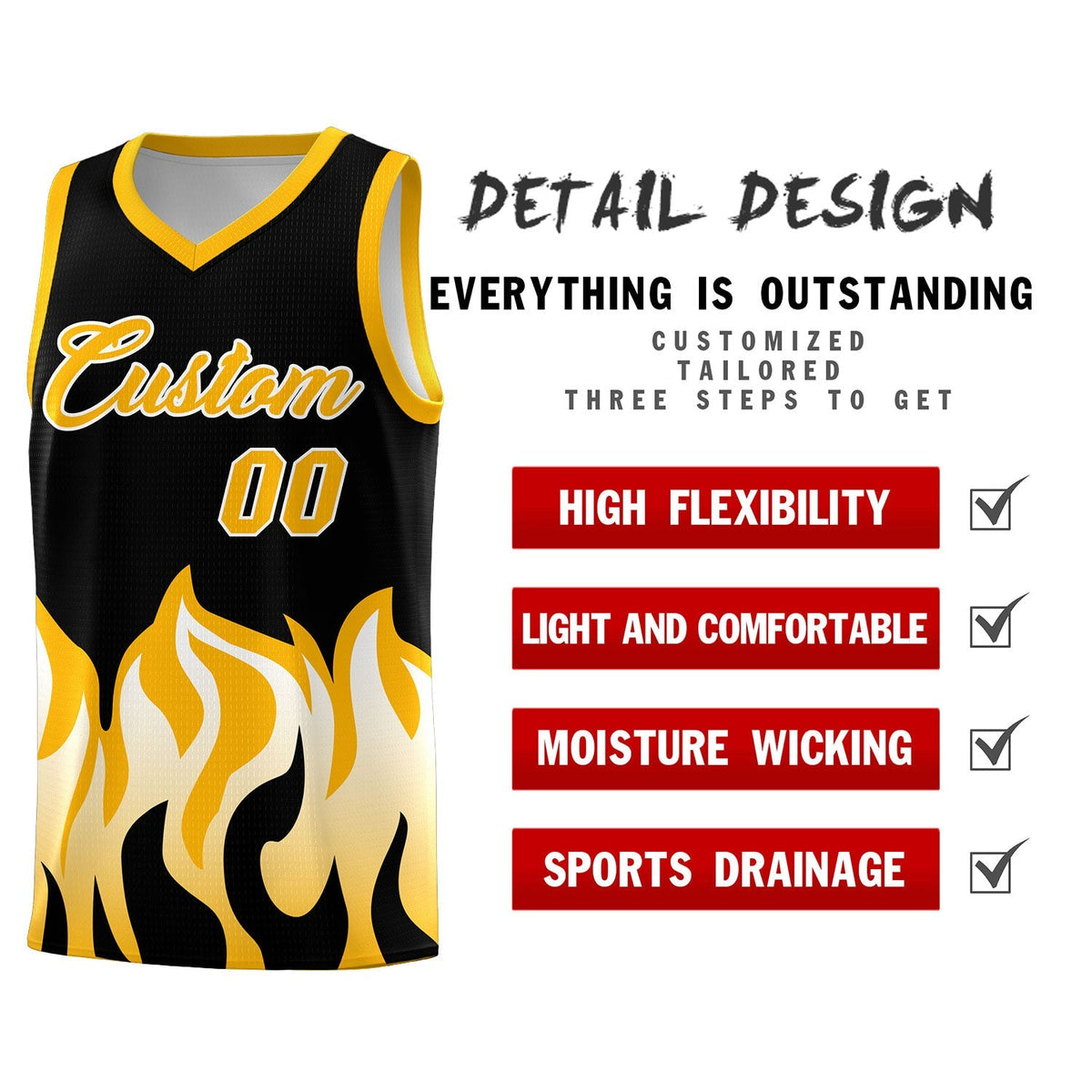 Custom Black Yellow Hem Flame Pattern Fashion Sports Uniform Basketball Kits
