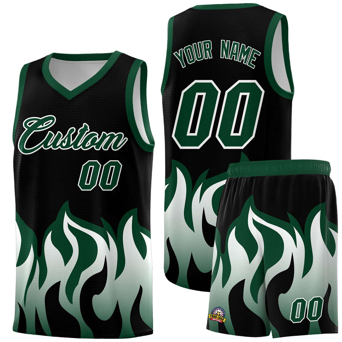 Custom Black Hunter Green Hem Flame Pattern Fashion Sports Uniform Basketball Kits