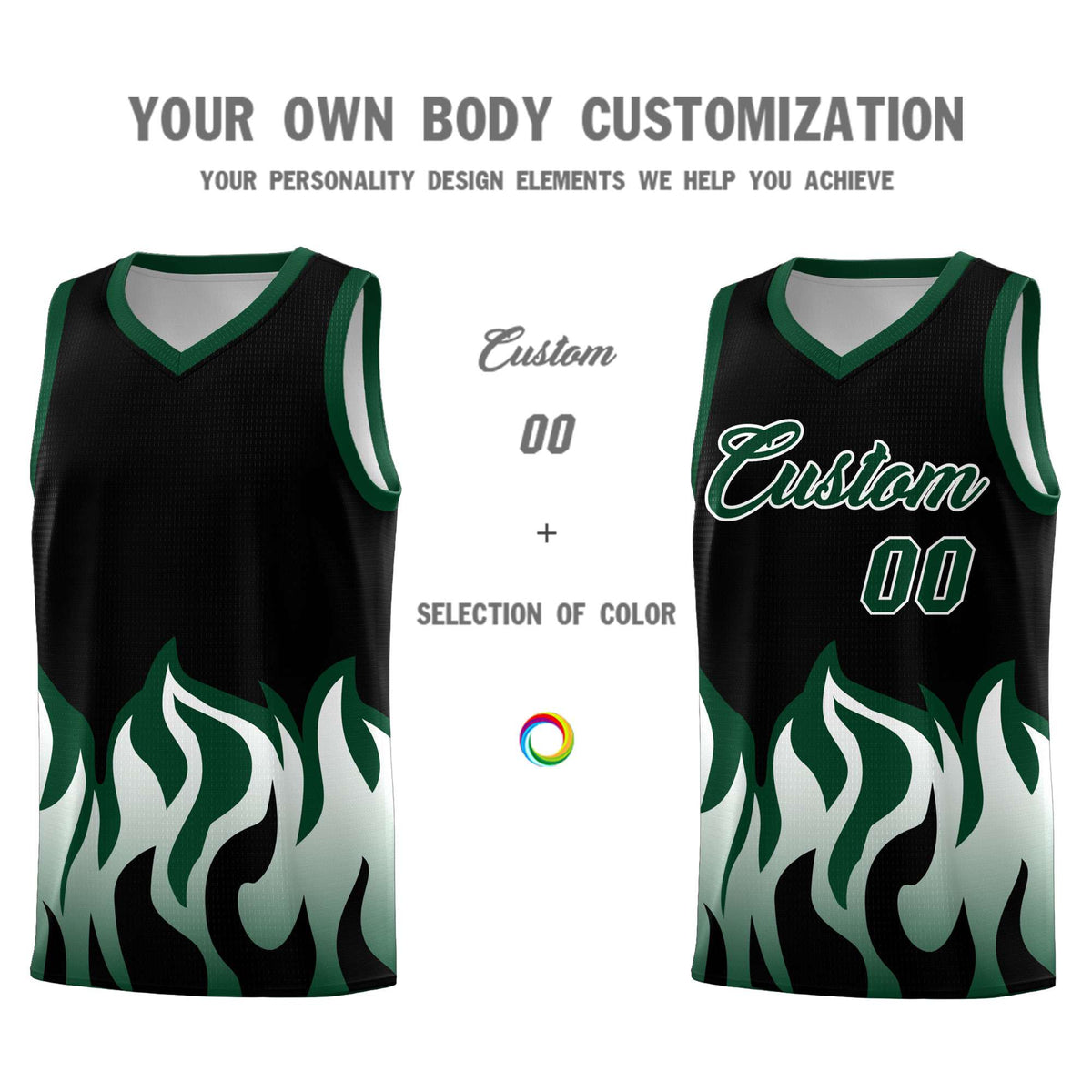 Custom Black Hunter Green Hem Flame Pattern Fashion Sports Uniform Basketball Kits