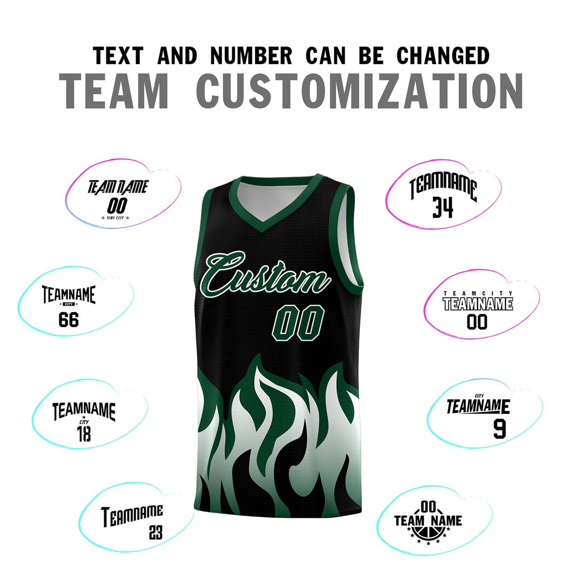 Custom Black Hunter Green Hem Flame Pattern Fashion Sports Uniform Basketball Kits
