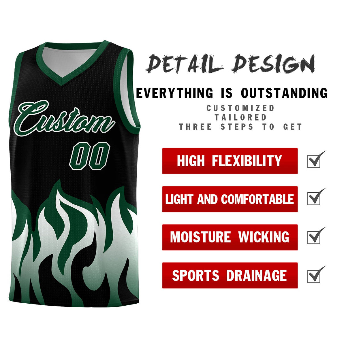 Custom Black Hunter Green Hem Flame Pattern Fashion Sports Uniform Basketball Kits