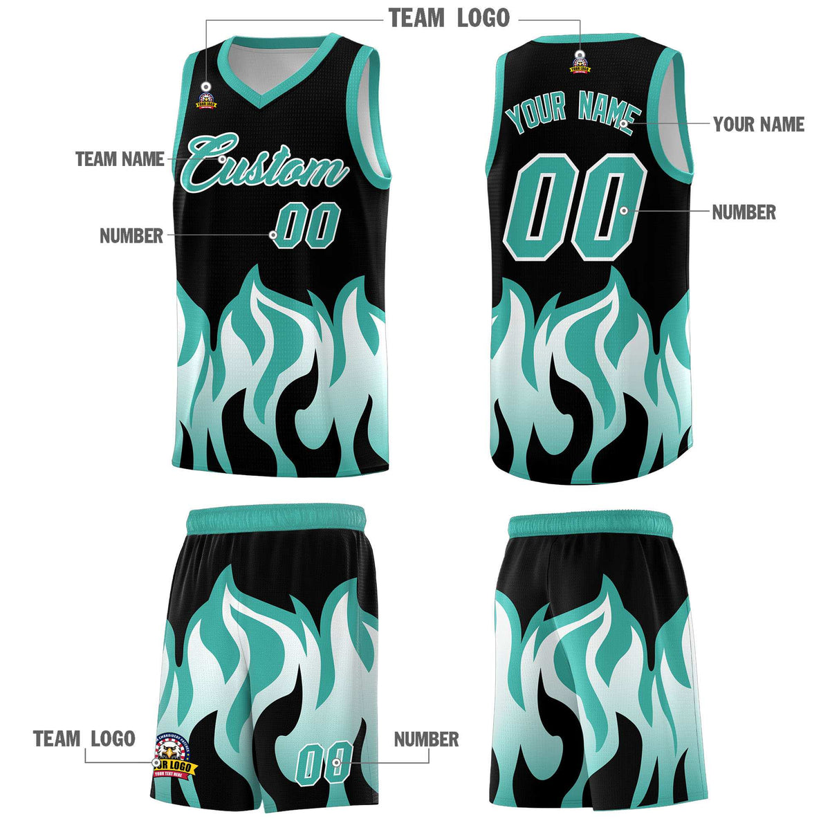 Custom Black Bright Green Hem Flame Pattern Fashion Sports Uniform Basketball Kits