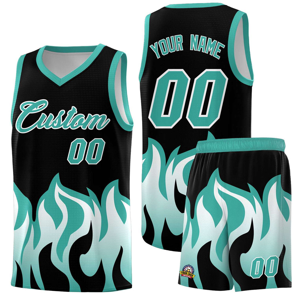 Custom Black Bright Green Hem Flame Pattern Fashion Sports Uniform Basketball Kits