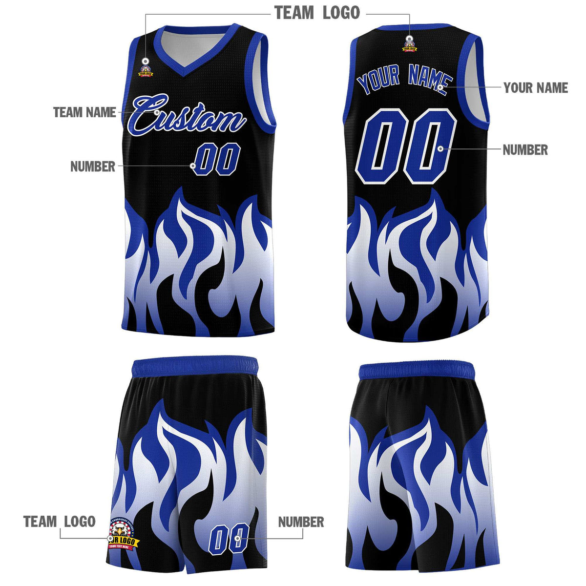 Custom Black Royal Hem Flame Pattern Fashion Sports Uniform Basketball Kits