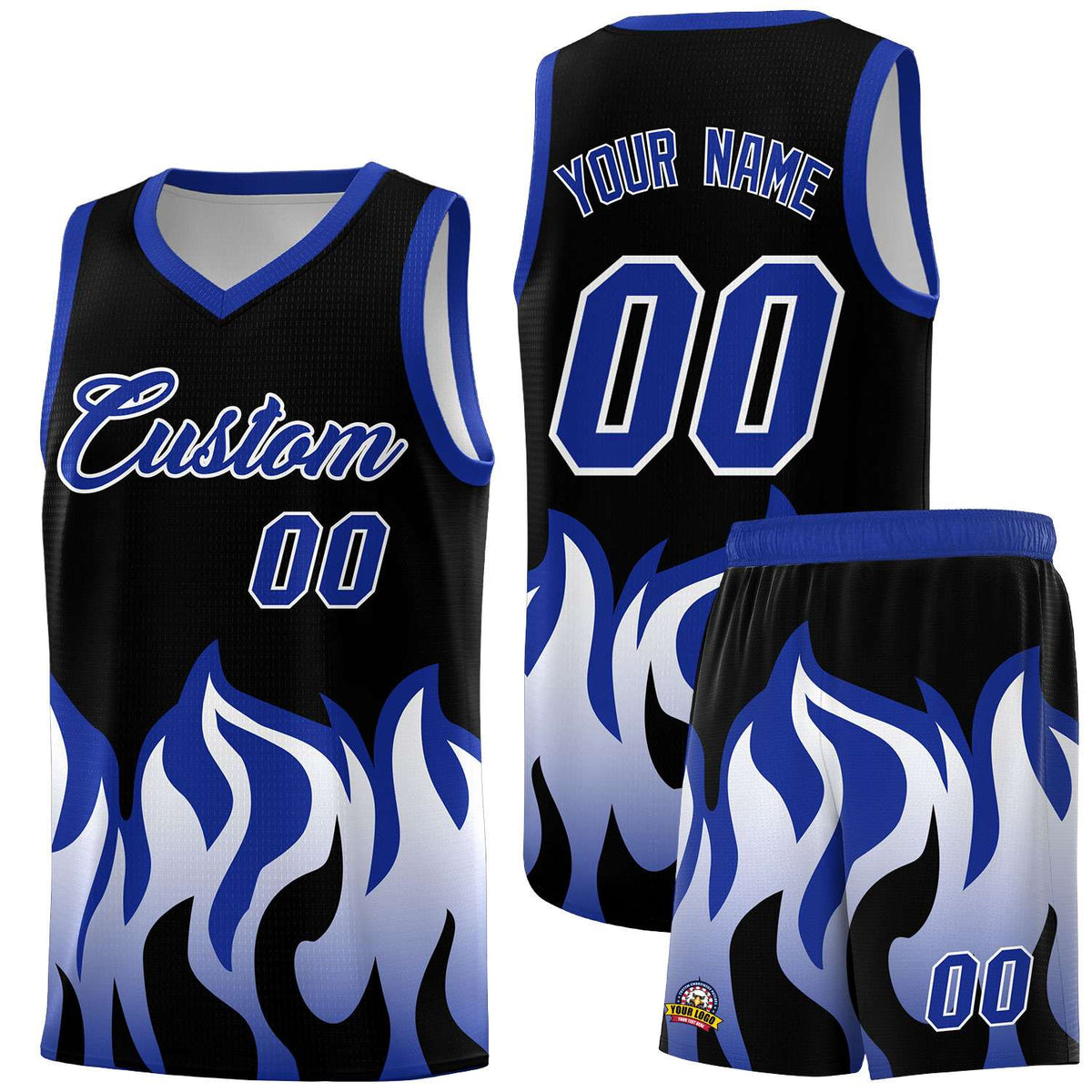 Custom Black Royal Hem Flame Pattern Fashion Sports Uniform Basketball Kits