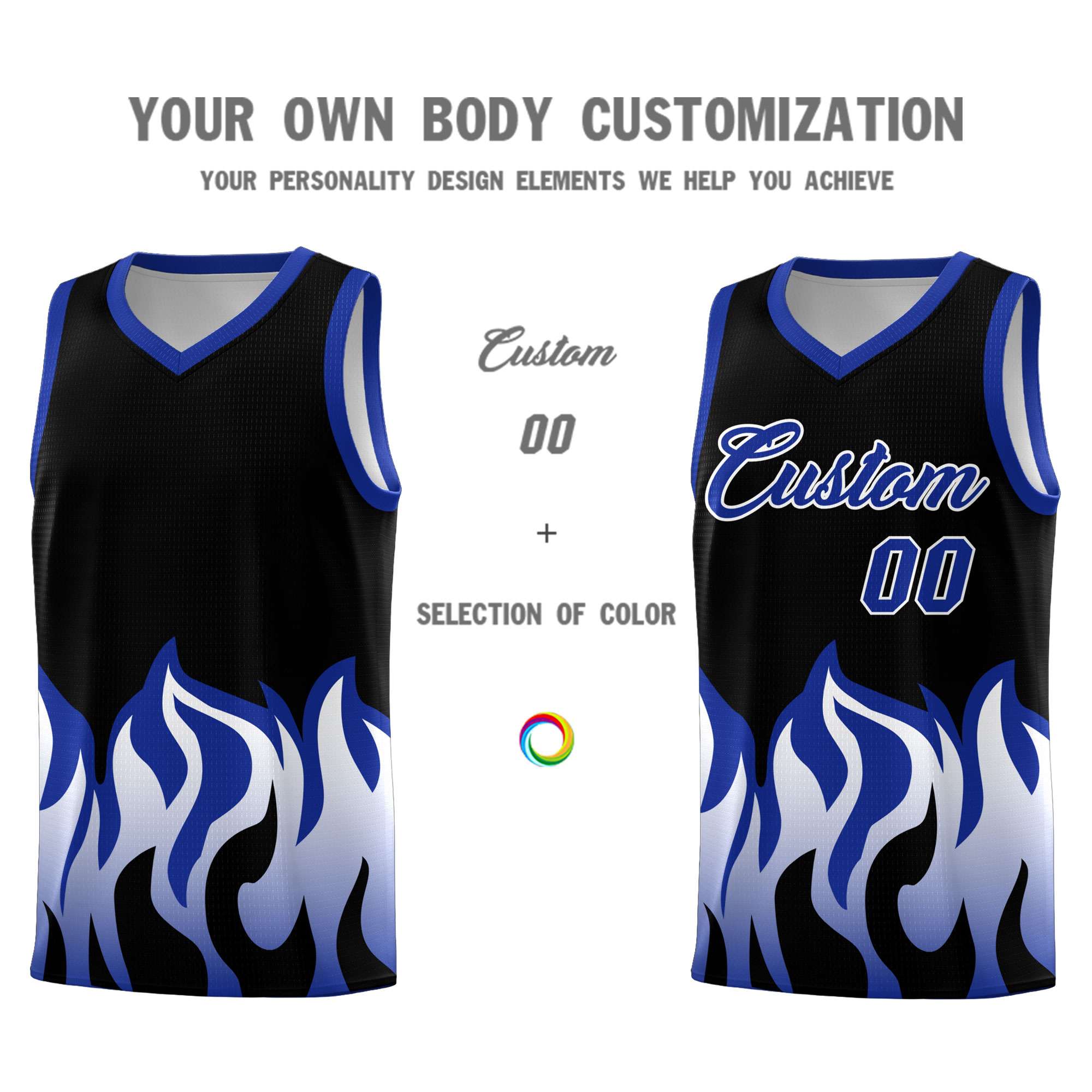 Custom Black Royal Hem Flame Pattern Fashion Sports Uniform Basketball Kits