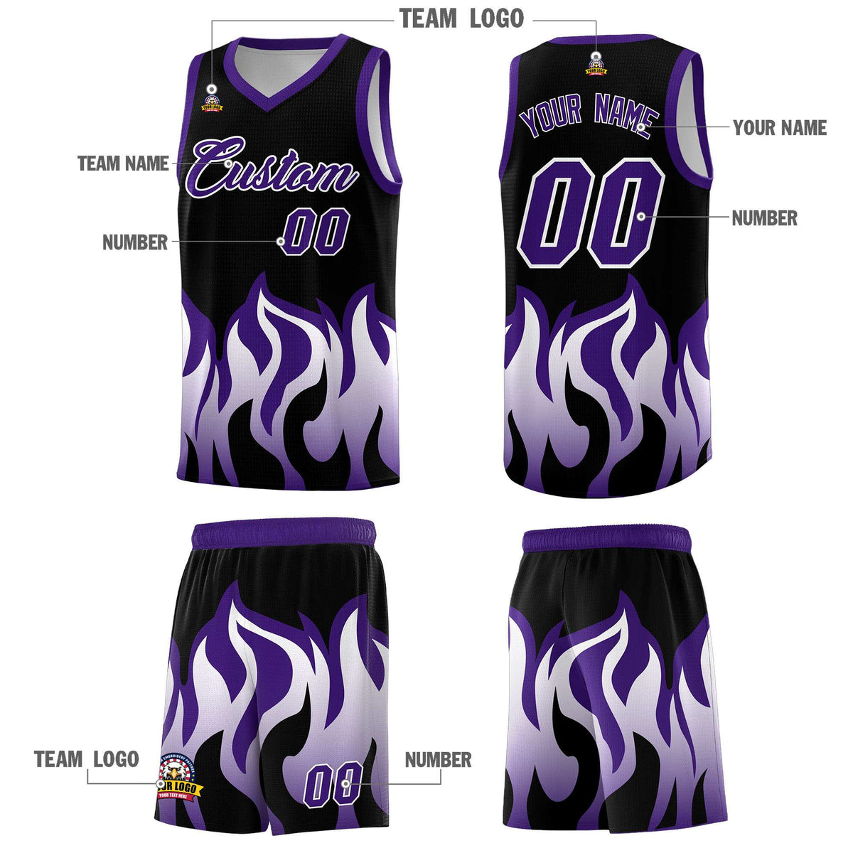 Custom Black Purple Hem Flame Pattern Fashion Sports Uniform Basketball Kits