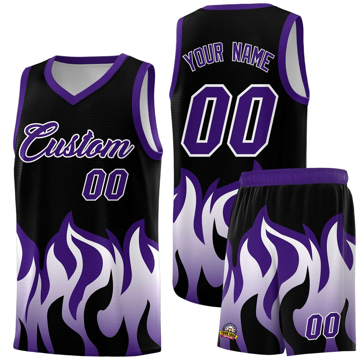 Custom Black Purple Hem Flame Pattern Fashion Sports Uniform Basketball Kits