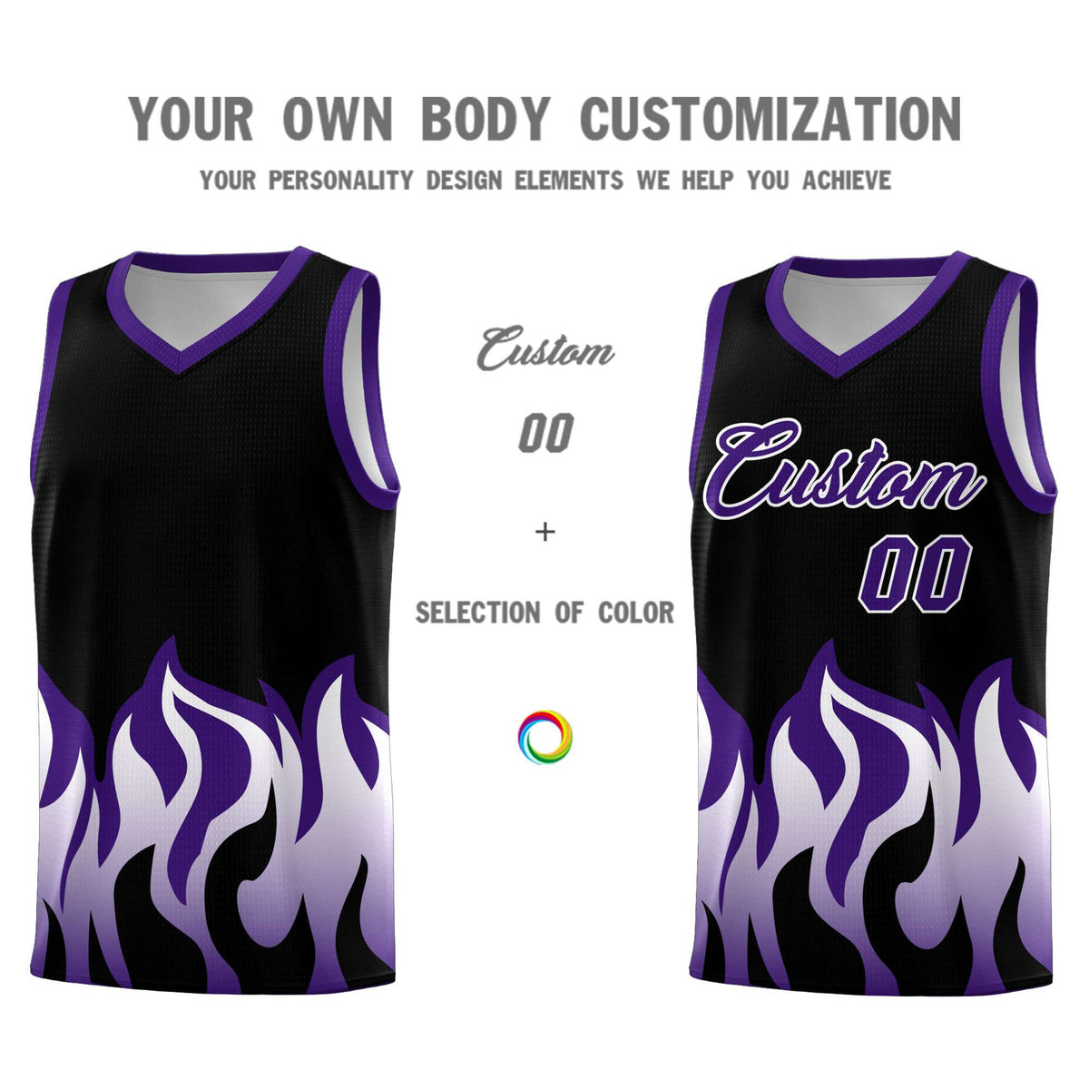 Custom Black Purple Hem Flame Pattern Fashion Sports Uniform Basketball Kits