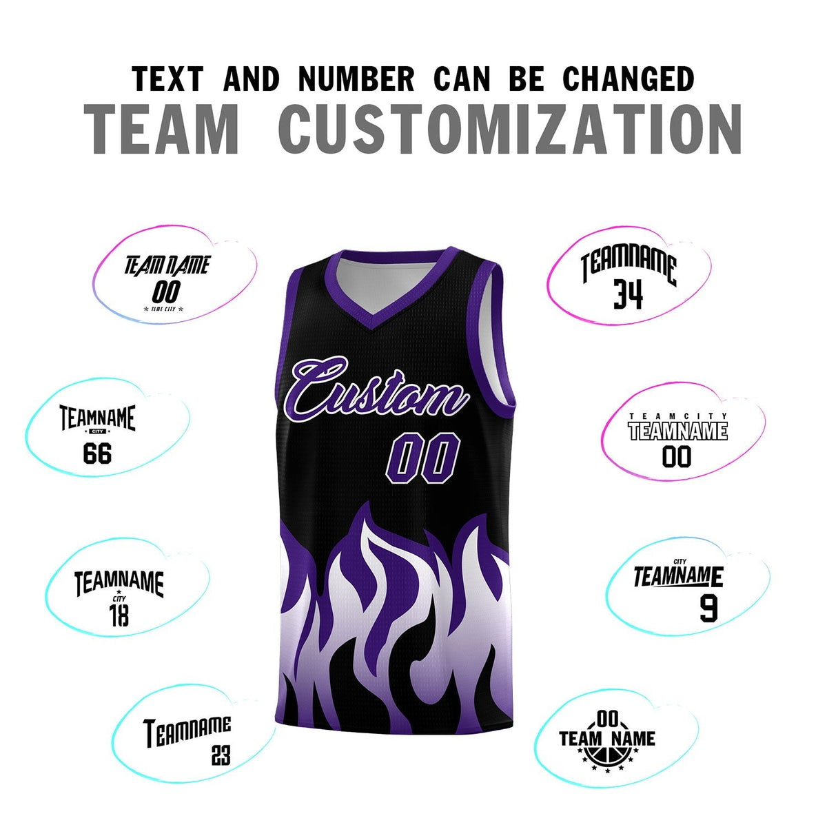 Custom Black Purple Hem Flame Pattern Fashion Sports Uniform Basketball Kits
