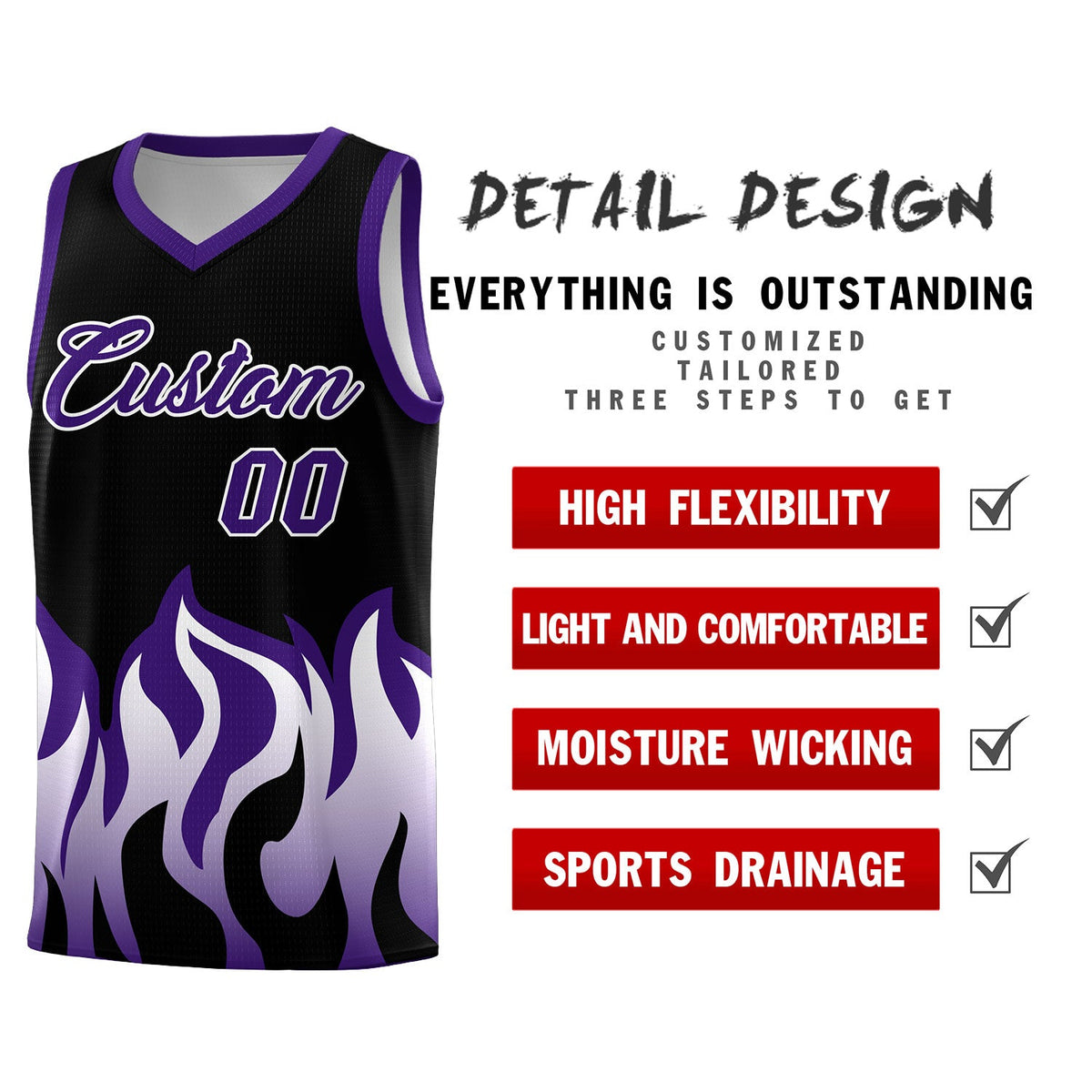 Custom Black Purple Hem Flame Pattern Fashion Sports Uniform Basketball Kits