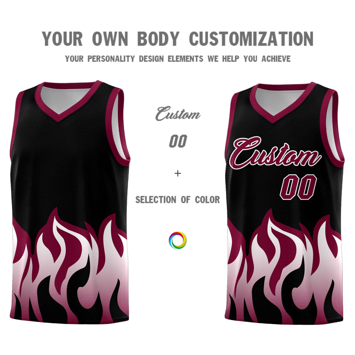 Custom Black Crimson Hem Flame Pattern Fashion Sports Uniform Basketball Kits