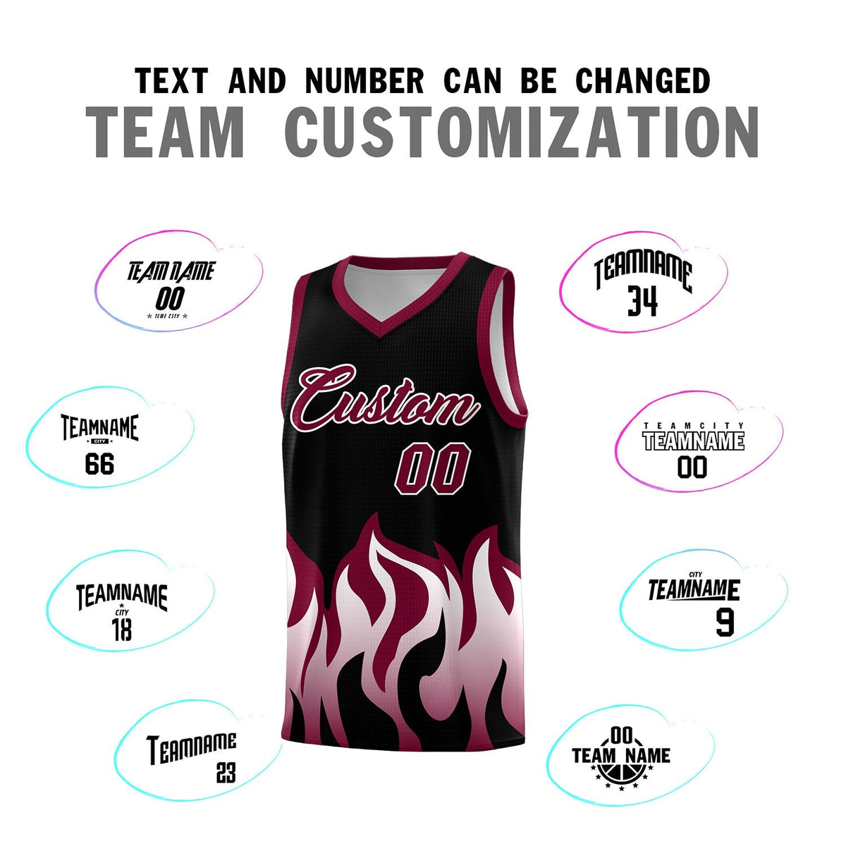 Custom Black Crimson Hem Flame Pattern Fashion Sports Uniform Basketball Kits