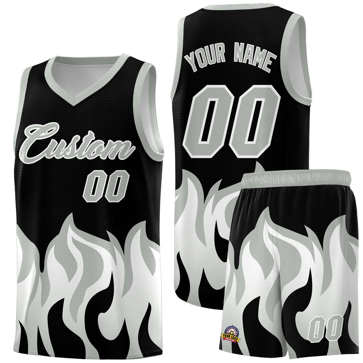 Custom Black Gray Hem Flame Pattern Fashion Sports Uniform Basketball Kits