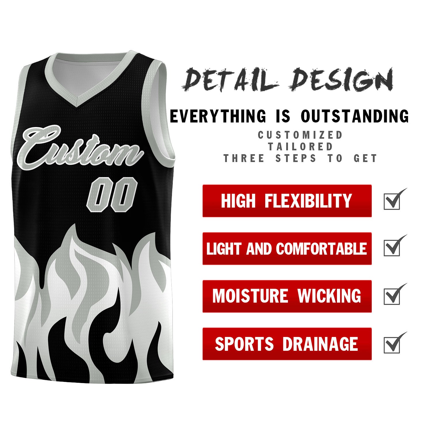 Custom Black Gray Hem Flame Pattern Fashion Sports Uniform Basketball Kits