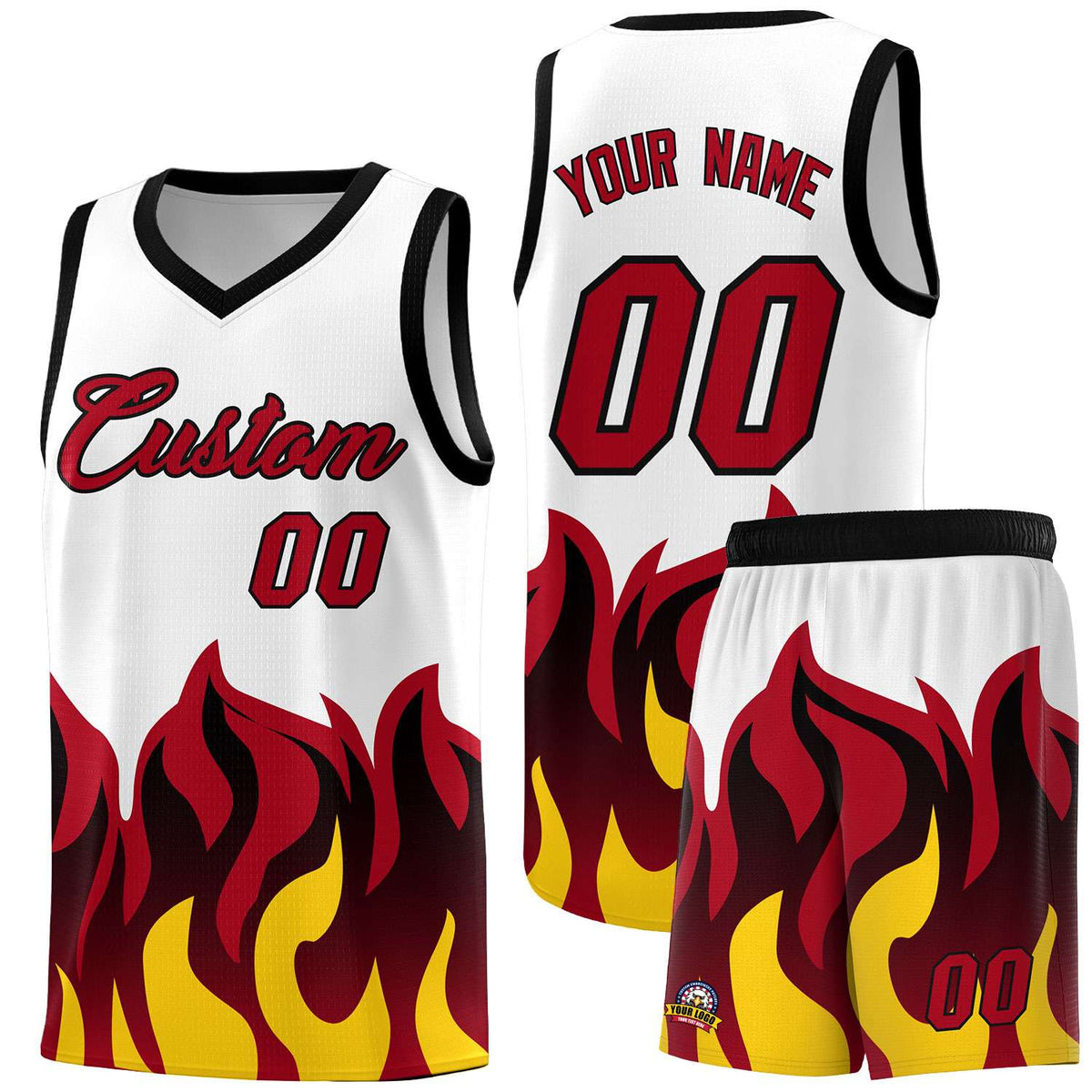 Custom White Red Hem Flame Pattern Fashion Sports Uniform Basketball Kits