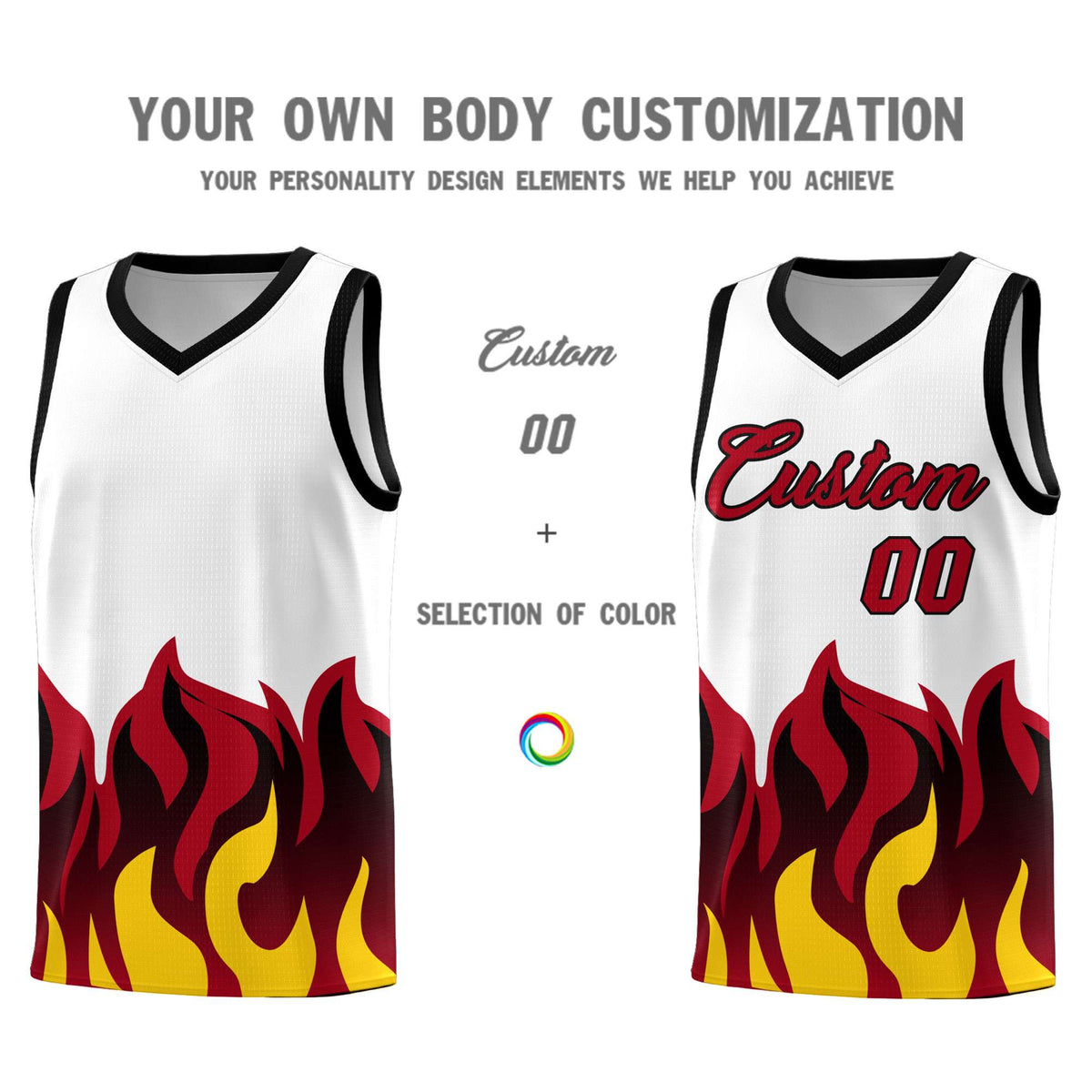 Custom White Red Hem Flame Pattern Fashion Sports Uniform Basketball Kits
