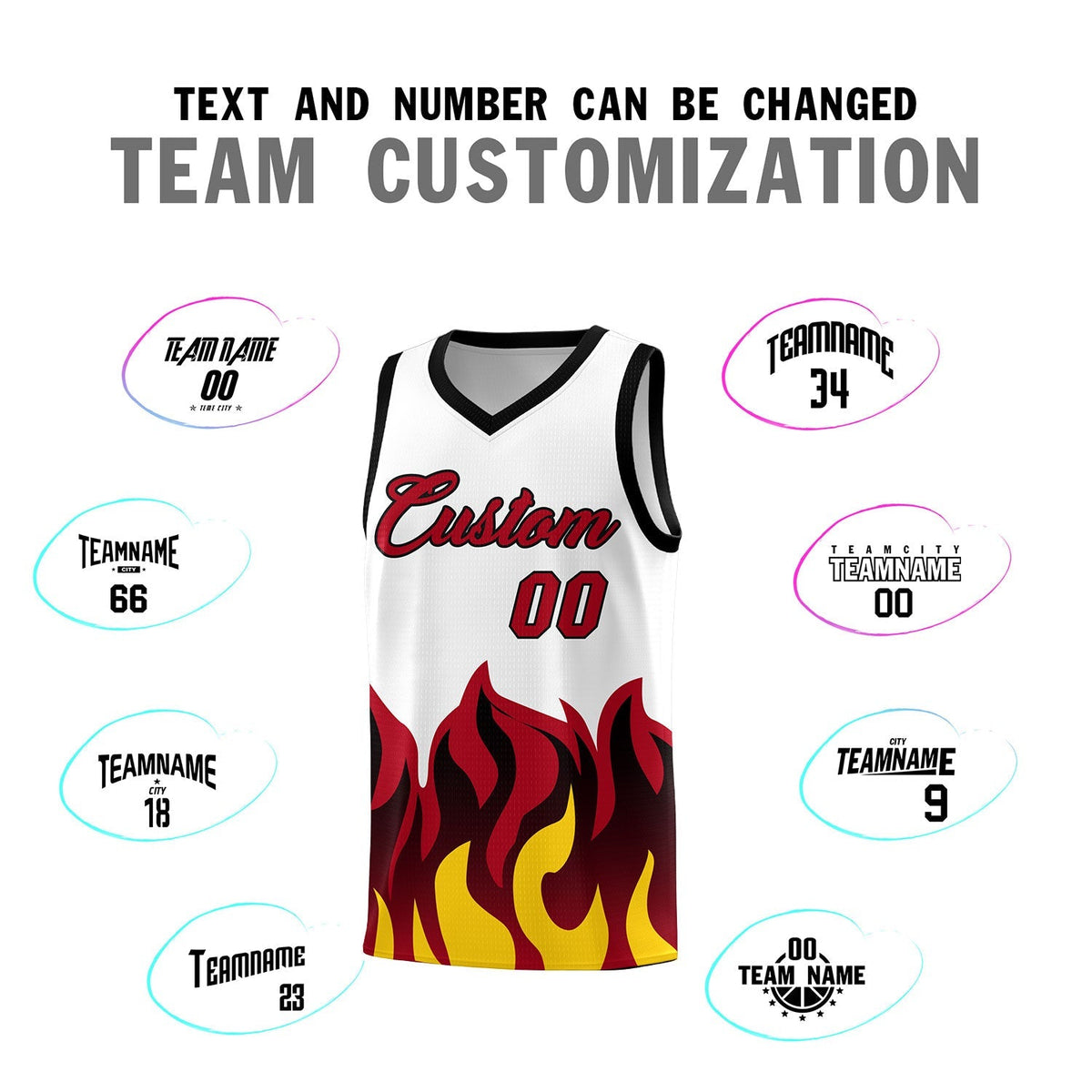 Custom White Red Hem Flame Pattern Fashion Sports Uniform Basketball Kits