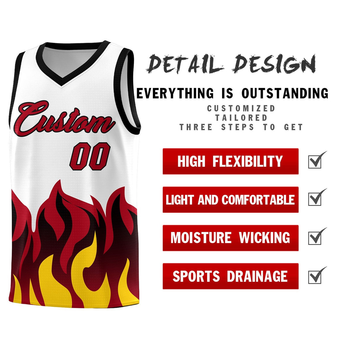 Custom White Red Hem Flame Pattern Fashion Sports Uniform Basketball Kits