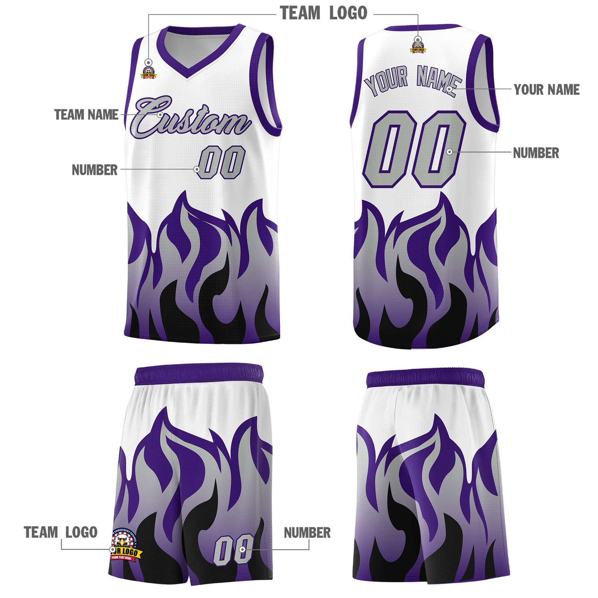 Custom White Purple Hem Flame Pattern Fashion Sports Uniform Basketball Kits