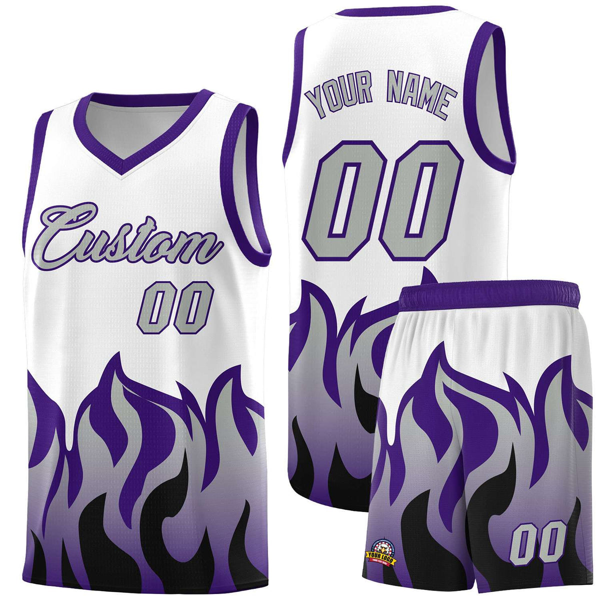 Custom White Purple Hem Flame Pattern Fashion Sports Uniform Basketball Kits