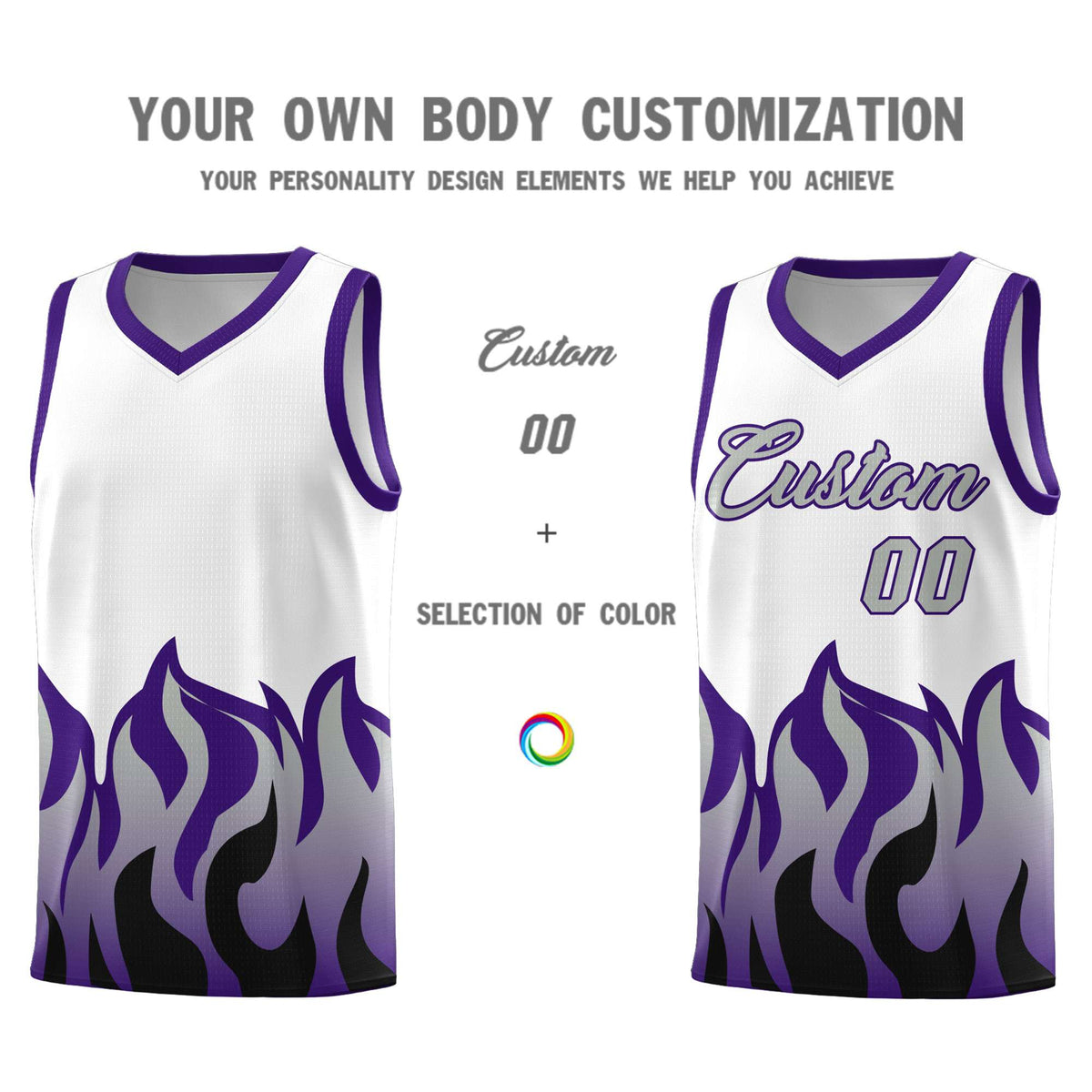 Custom White Purple Hem Flame Pattern Fashion Sports Uniform Basketball Kits