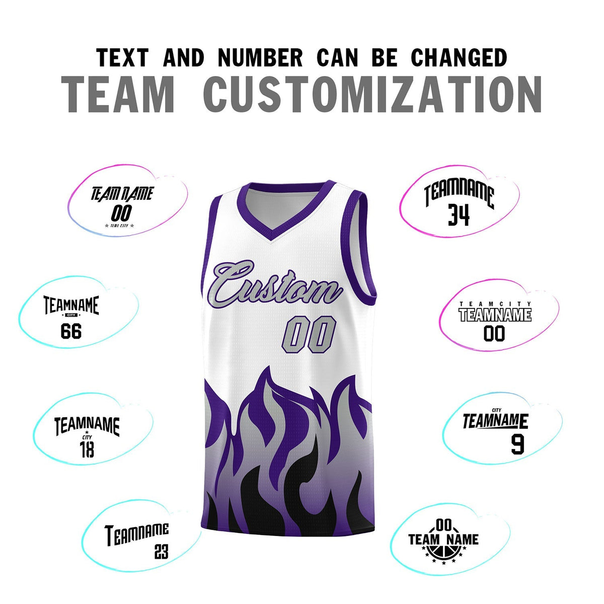 Custom White Purple Hem Flame Pattern Fashion Sports Uniform Basketball Kits