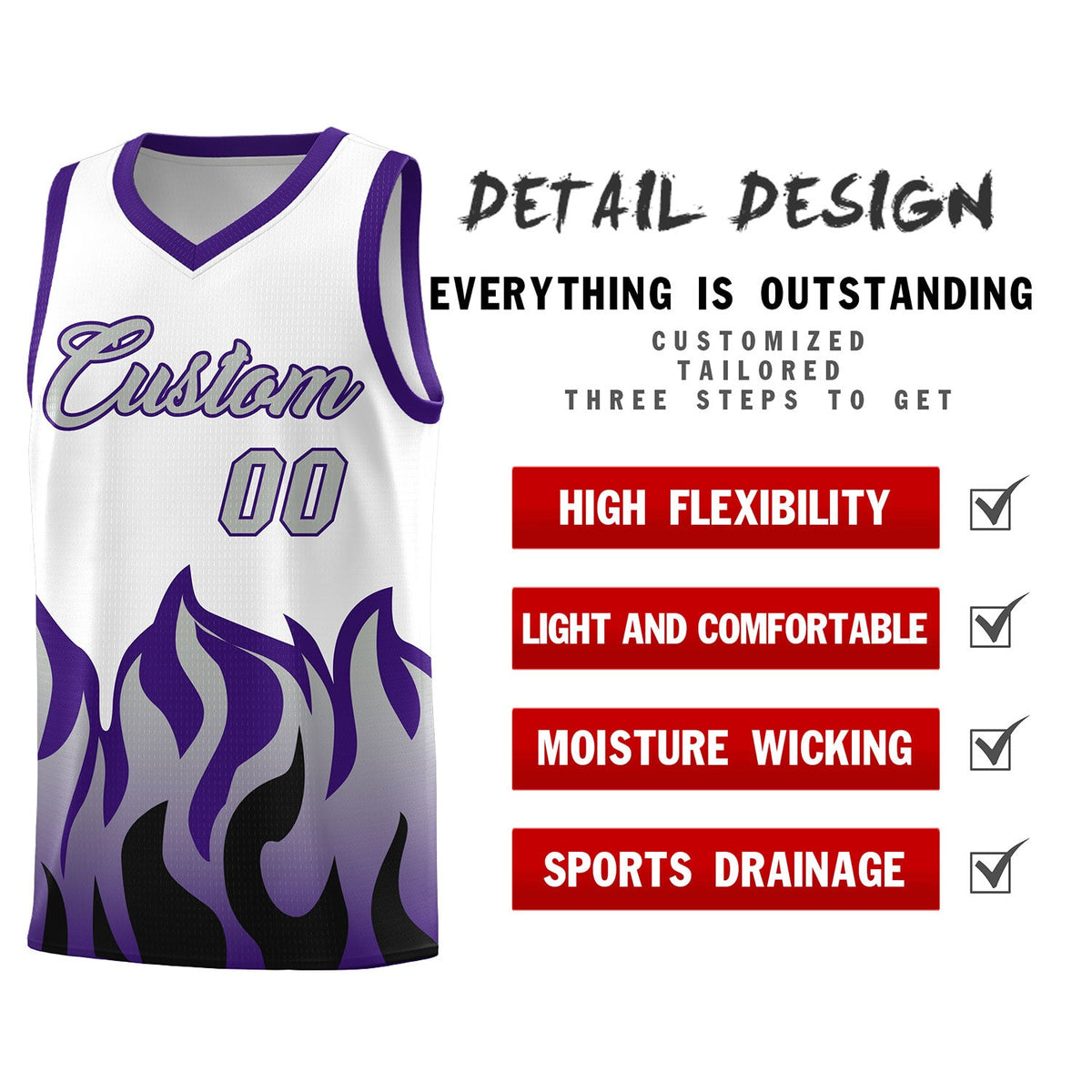 Custom White Purple Hem Flame Pattern Fashion Sports Uniform Basketball Kits