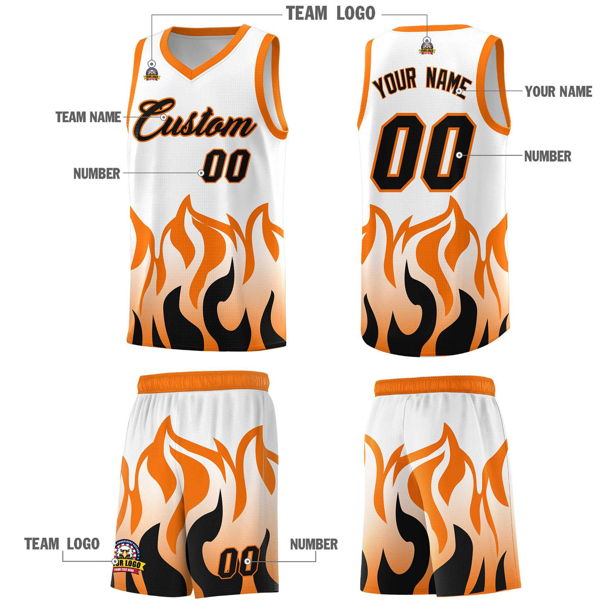 Custom White Orange Hem Flame Pattern Fashion Sports Uniform Basketball Kits