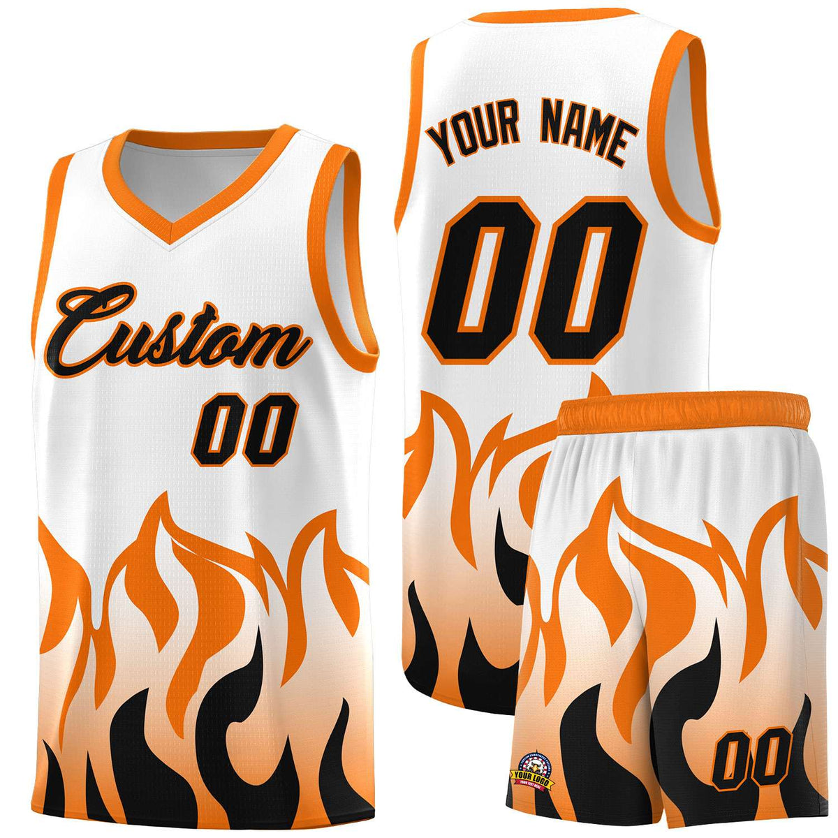 Custom White Orange Hem Flame Pattern Fashion Sports Uniform Basketball Kits
